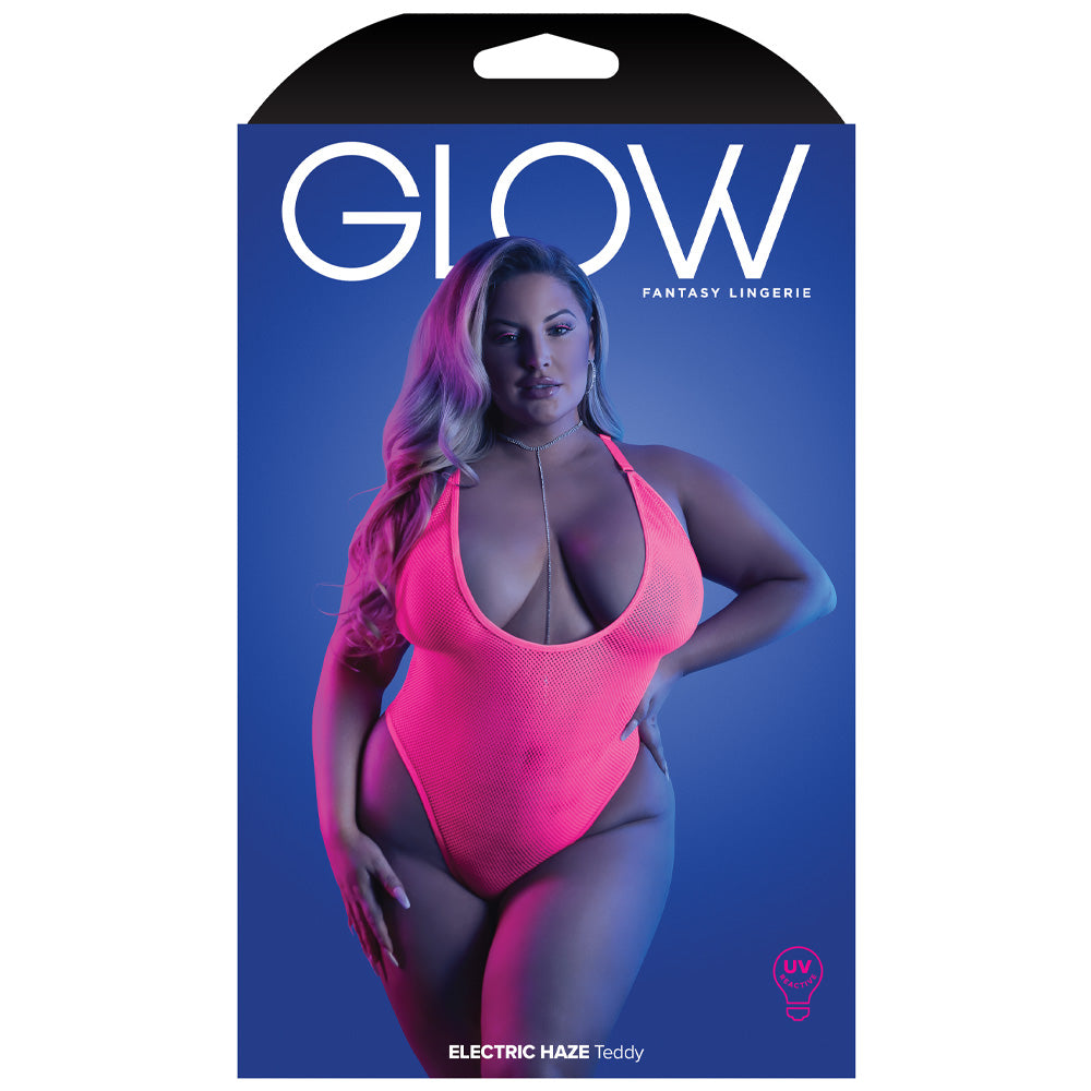 A Fantasy Lingerie box sits against a white backdrop with a plus-size model on it wearing a neon pink net teddy.