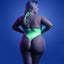 Back view of a plus size model wearing a neon green glow-in-the-dark teddy, featuring a low back with a thong-style rear.
