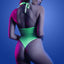 Back view of a model wearing a neon green glow in the dark teddy featuring an open back with a thong style rear.