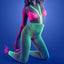 A model wears a glow-in-the-dark fishnet suspender stocking set in neon green, layered with a pink bralette and panty.