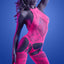 A model wears a glow in the dark neon pink body stocking with a floral lace and fishnet weave design and a collared halter neck. 
