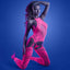 A model wears a neon pink bodystocking with footless leggings that have a striped pattern of alternating lace and net.