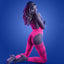 A model wears a neon pink crotchless bodystocking that features figure-8 suspenders to hold the attached leggings.