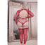 A plus size model wears a red footless fishnet bodystocking with suspender-like straps attached to thigh-high stockings.