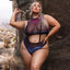 A plus size model wears a sheer halter top and panty with attached suspenders that have silvers stars printed on them.