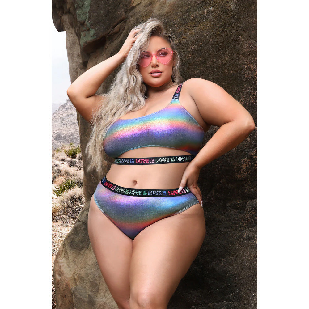 Curvy model wears bra and panty with the words 'Love is Love' on the elastic underbust trim, waistband and shoulder straps. 
