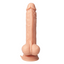 A life-life flesh dildo features realistic testicles. 