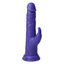 A purple rabbit thrusting vibrator in purple with suction cup base stands against a white backdrop. 