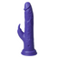 Side view of a purple rabbit thrusting dildo with protruding clitoral rabbit ears. 