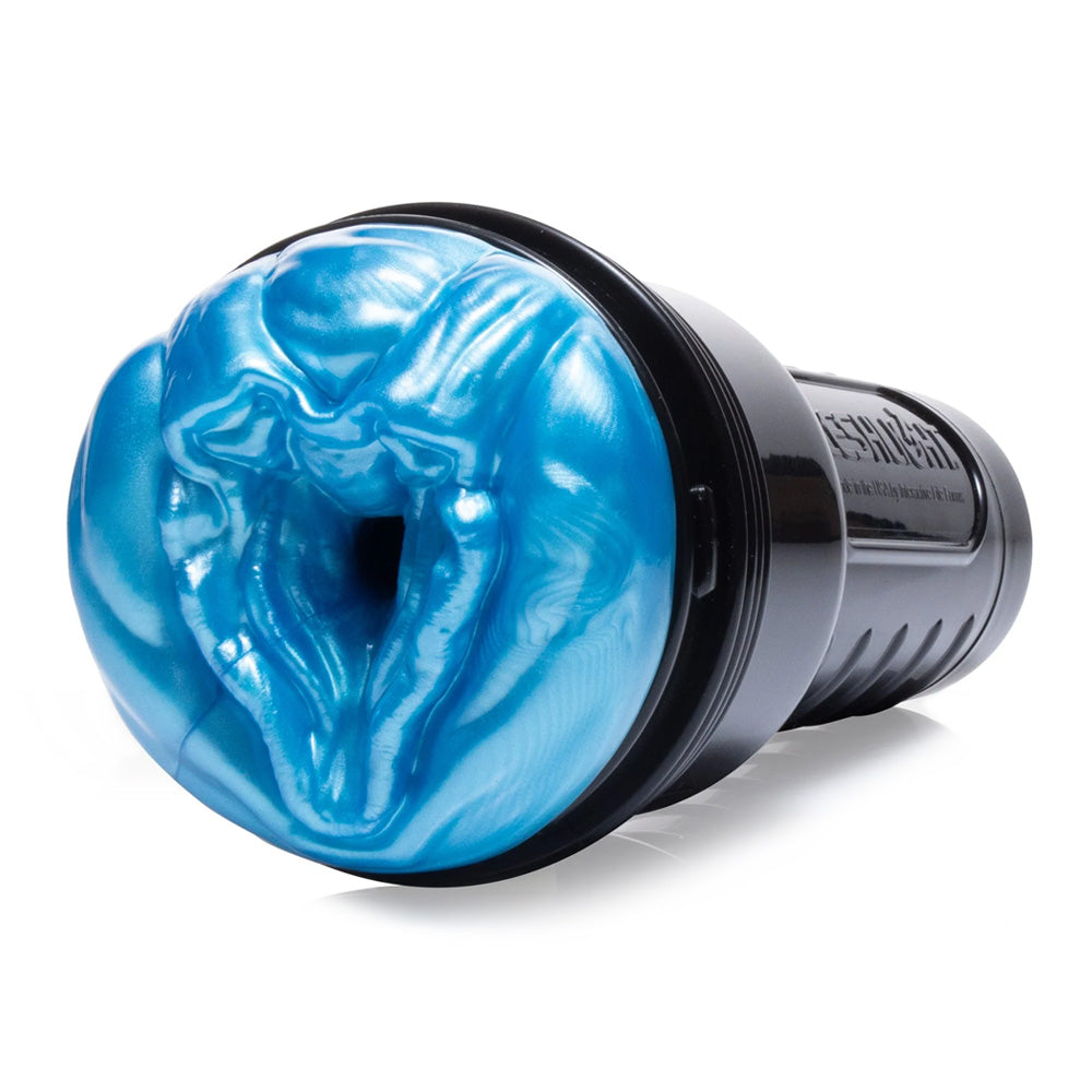 A metallic blue Fleshlight Freaks masturbator shows an alien-themed vaginal opening with 2 clitorises and triangular labia.