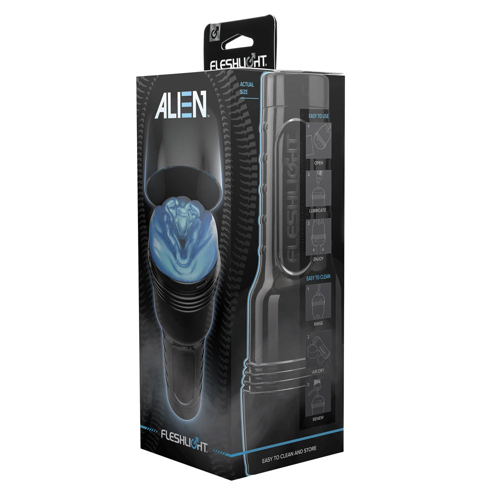 A Fleshlight Freaks Alien masturbator box shows a picture of the metallic blue Fleshlight and instructions on how to use it.