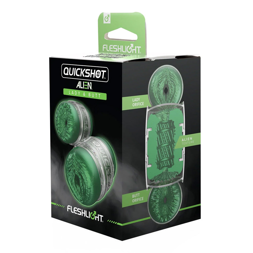 Fleshlight's Quickshot Alien fantasy masturbator packaging shows metallic green vaginal and anal openings and its case.