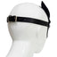 A back shot of a black faux leather fox face mask worn on a mannequin head shows its adjustable rear buckle closure.