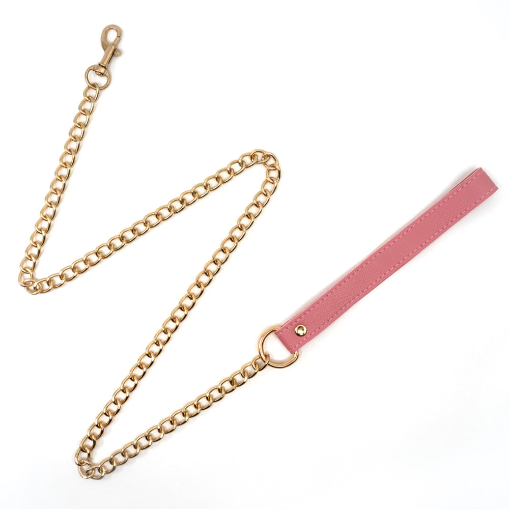 Flatlay of a gold metal chain leash with a snap hook and pink faux leather wrist loop against a white background.