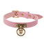 Front view of a slim pink leather collar with a gold T-plate affixing the gold O-ring against a white background.