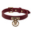 Front view of a slim burgundy leather collar with a gold T-plate affixing the gold O-ring against a white background.