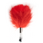 A red feather tickler with an acrylic handle tipped with a metal ball.