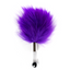A purple feather tickler with an acrylic handle tipped with a metal ball.