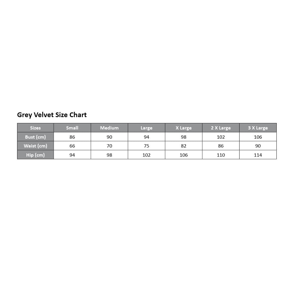 A Grey Velvet size chart that ranges from small to 3 X large in centimetres for bust, waist and hip measurements.