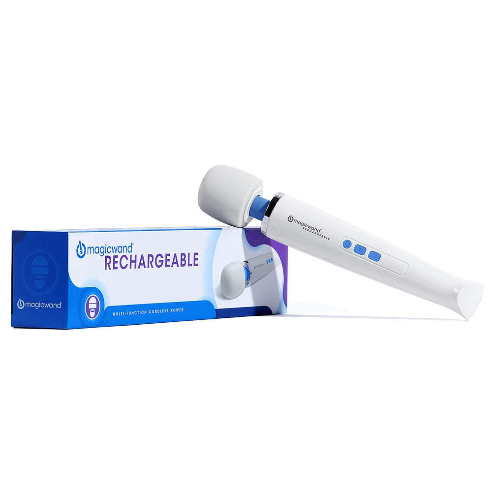 The cordless Hitachi Magic Wand Rechargeable vibrating massager leans on its packaging against a white background.