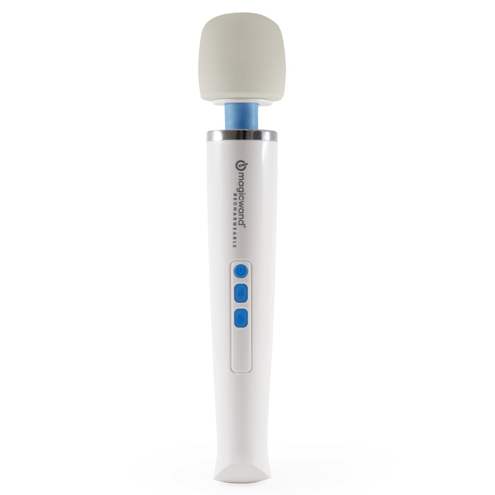 Hitachi's cordless white and blue vibrating massager labelled Magic Wand Rechargeable stands against a plain backdrop.