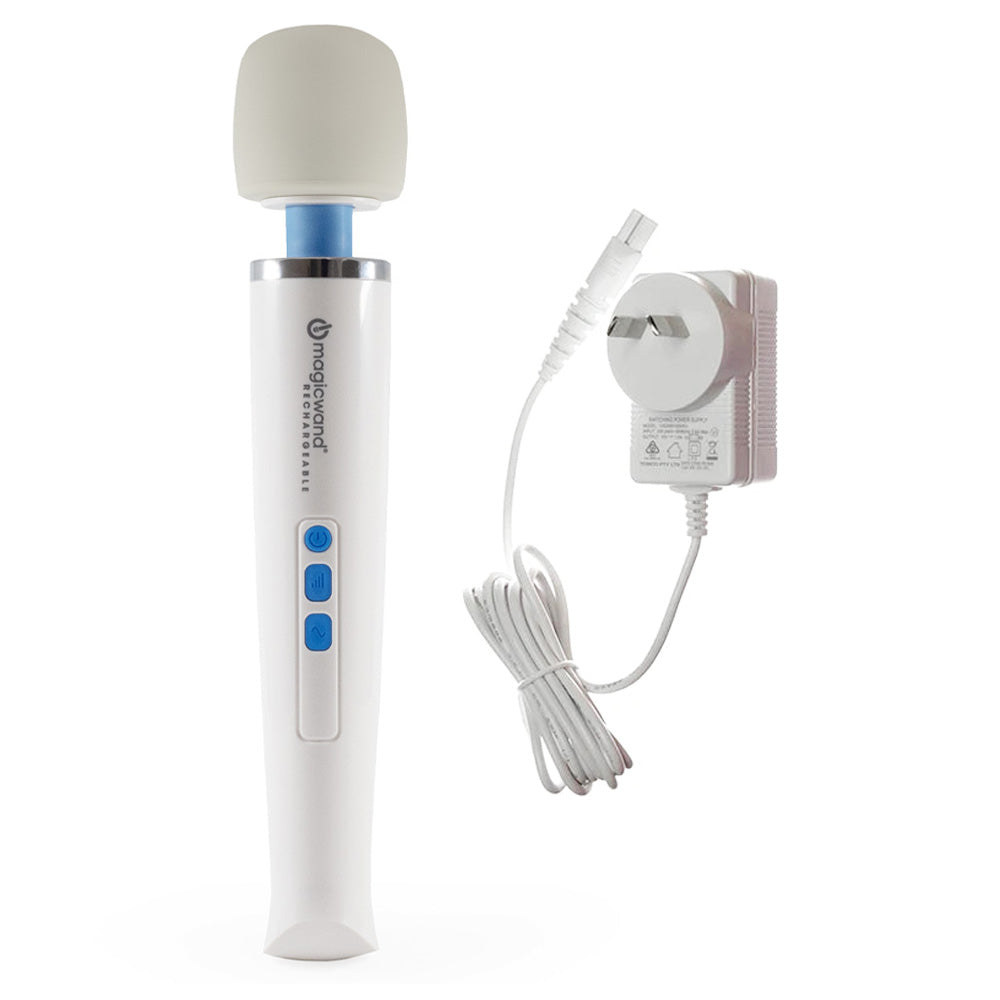 The Hitachi Rechargeable Magic Wand stands next to its charger cord, which is connected to an AU/NZ wall power plug.
