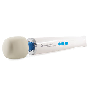 The Hitachi Rechargeable Magic Wand vibrator lays on its side and shows a blue 3-button control panel.