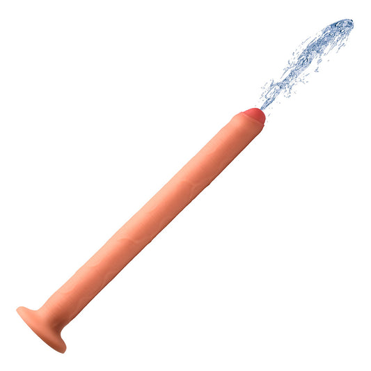 a long beige silicone shaft with light vein texture, flared suction-cup base, and uncut phallic tip shooting water up.