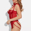 A model wears a sheer red teddy with a strappy rear and underwired satin demi-cups extending into tie-up shoulder straps.
