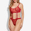 A model wears a mesh suspender top and split-crotch high-cut panty set in red with a sheer rose pattern.