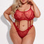 A curvy model wears a suspender top and split crotch panty set in red with a sheer rose pattern.
