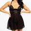 A model wears a black babydoll with lace and microfibre underwired cups and a sheer mesh skirt over a G-string.
