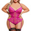 A plus-size lingerie model wears a lace and mesh cutout teddy in pink with scalloped edges and satin trim details.
