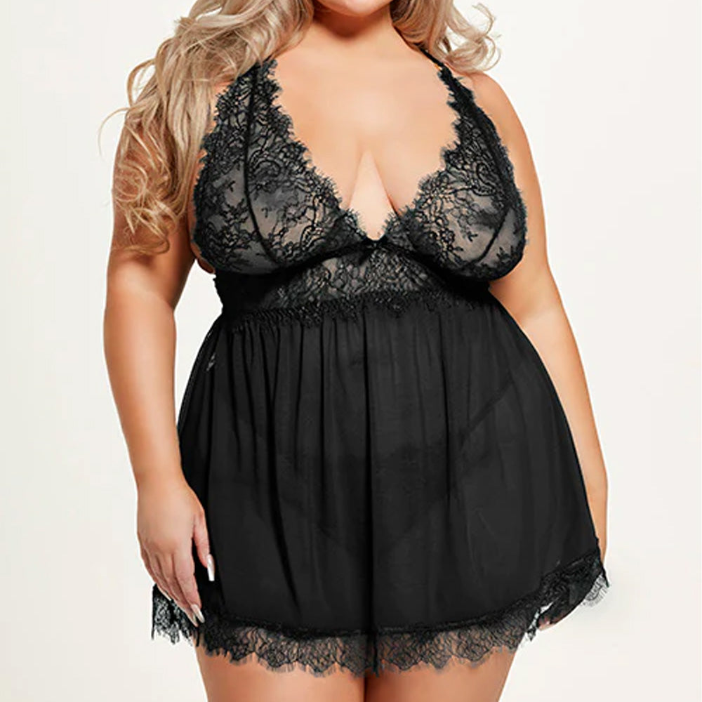 A plus-size model wears a black eyelash lace babydoll with a sheer mesh skirt, scalloped trim and unlined triangle-cut cups.