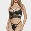 A model wears a black longline bra and panty that combines cutouts, sheer mesh and scalloped eyelash lace trim.