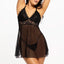A lingerie model wears a lace G-string under a sheer black mesh babydoll with unlined lace cups and scalloped edges.
