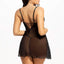 Back view of a linngerie model wearing a sheer black babydoll with criss-cross lace up back detail and G-string.