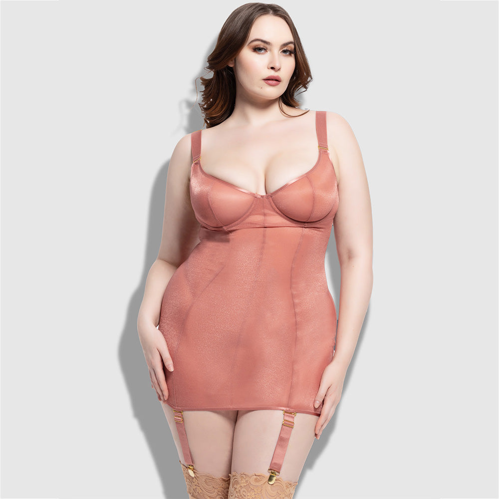 A plus-size model wears a light pink sheer mesh chemise dress with a G-string, underwired cups and detachable suspenders.