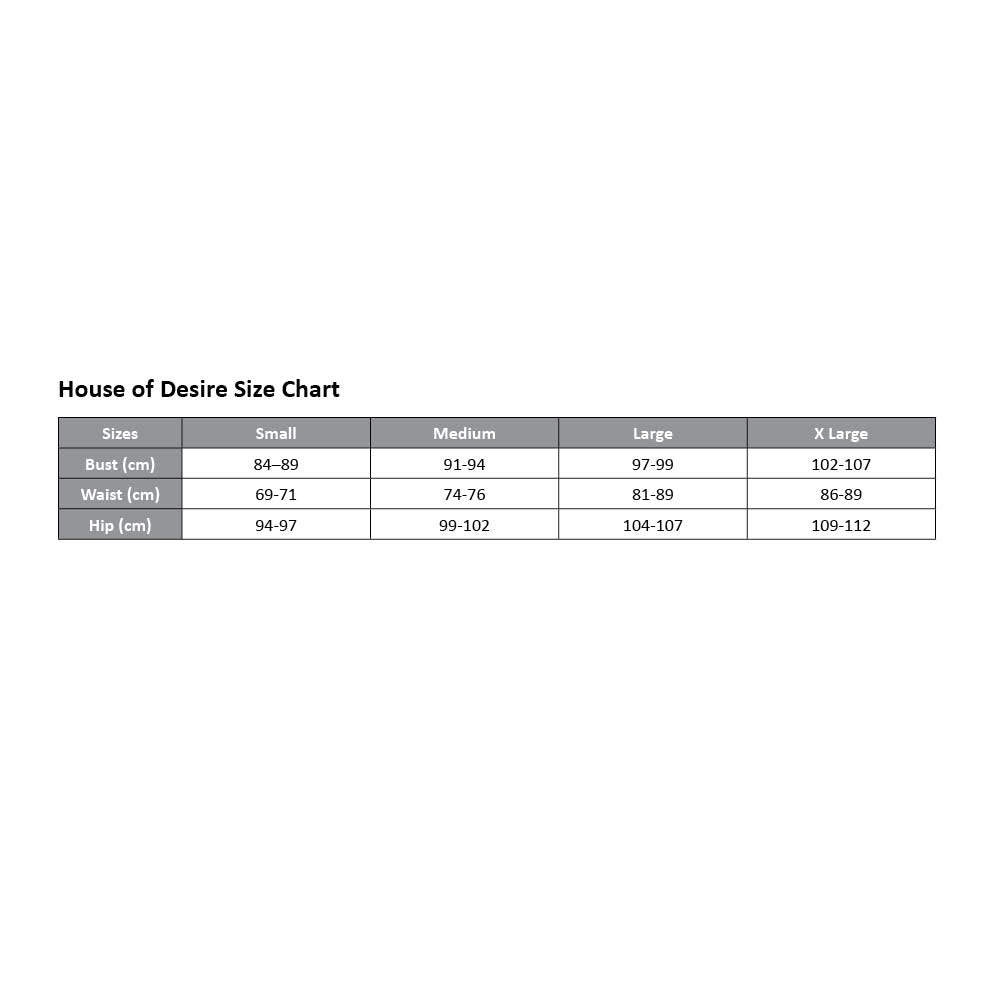 A House of Desire size chart for bust, waist and hip measurements in centimetres. 