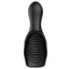 A black silicone head stroker showcases its internal textured ribs and nodes. 