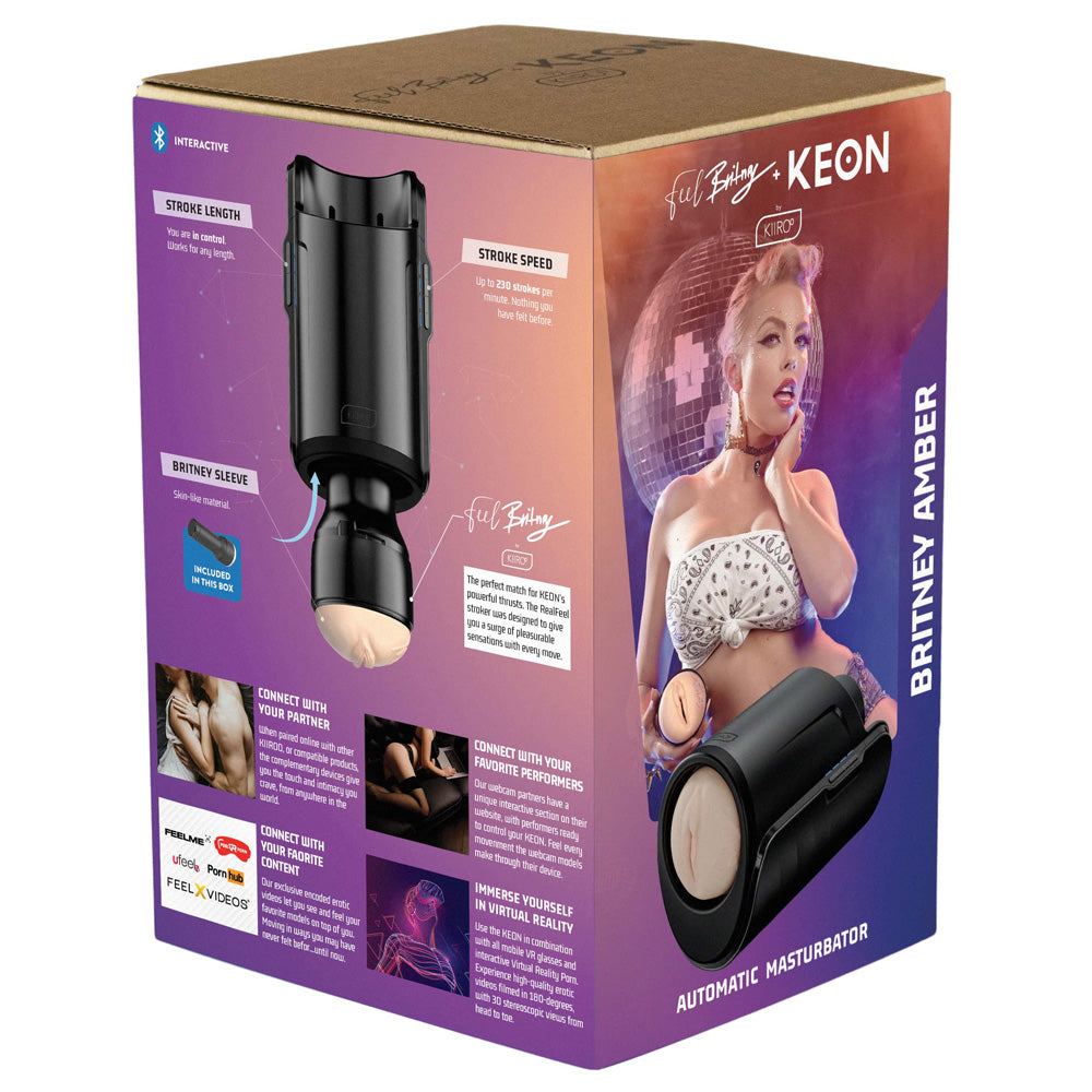 A box by Kiiroo stands against a white backdrop with a model on it holding an interactive automatic masturbator. 