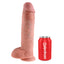 A realistic 11-inch veiny dildo with balls stands on its suction cup base next to a soft drink can to show its scale.
