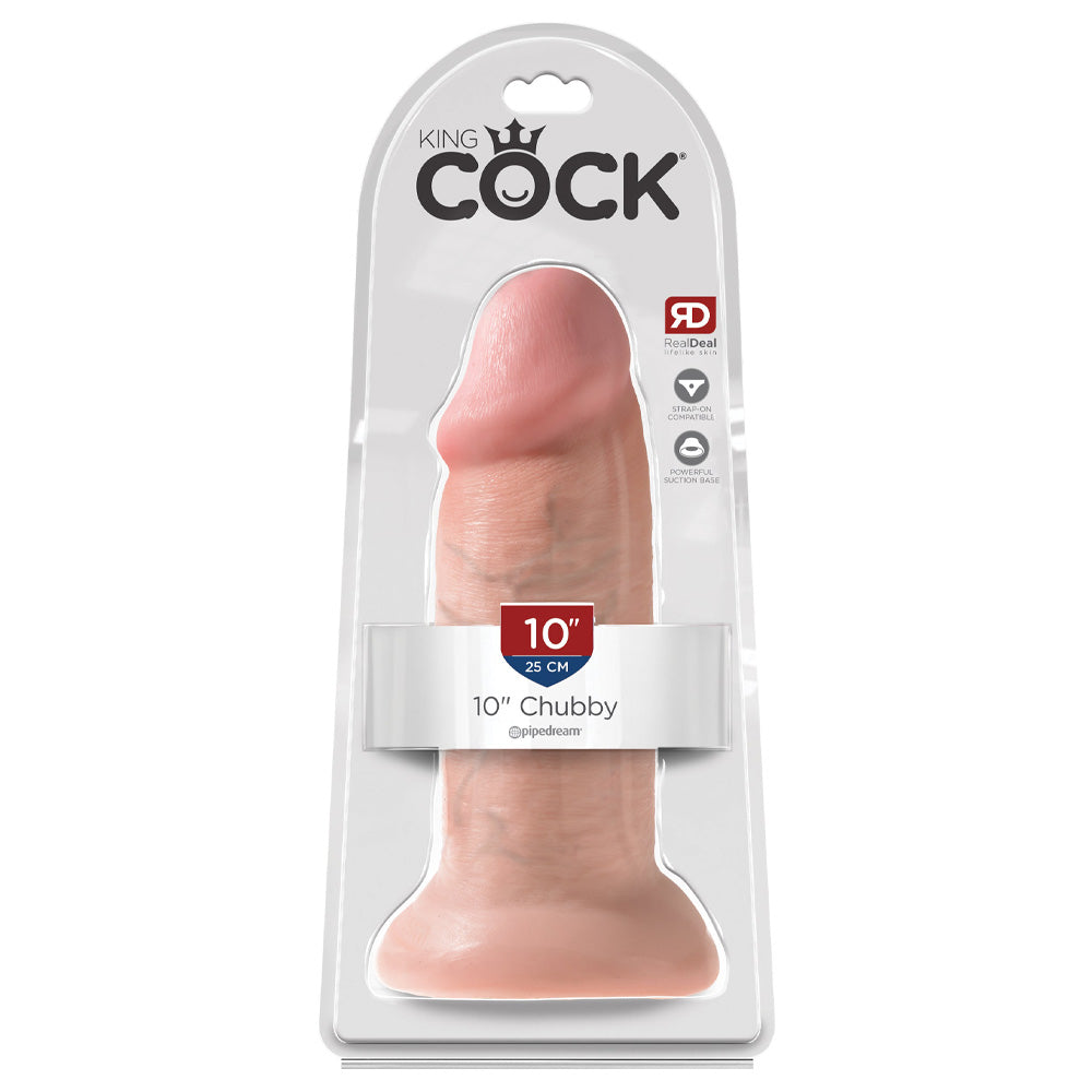 A realistic 10 inch chubby veiny shaft dildo featuring a suction cup base stands in its package by King Cock.