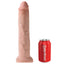 A realistic 13-inch veiny dildo stands on its suction cup base next to a soft drink can to show its scale.