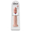 A realistic 13-inch veiny dildo featuring a suction cup base stands in its King Cock packaging against a white backdrop.