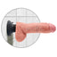 A realistic vibrating dildo is shown attached to a shower wall with its suction cup base. 