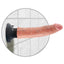 A realistic 7 inch vibrating dildo is shown attached to a shower wall with its suction cup base.