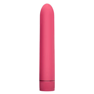 A pink straight vibrator stands upright on a white background