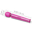 A magenta vibrating massager lays on a white backdrop with its height and width measurements.