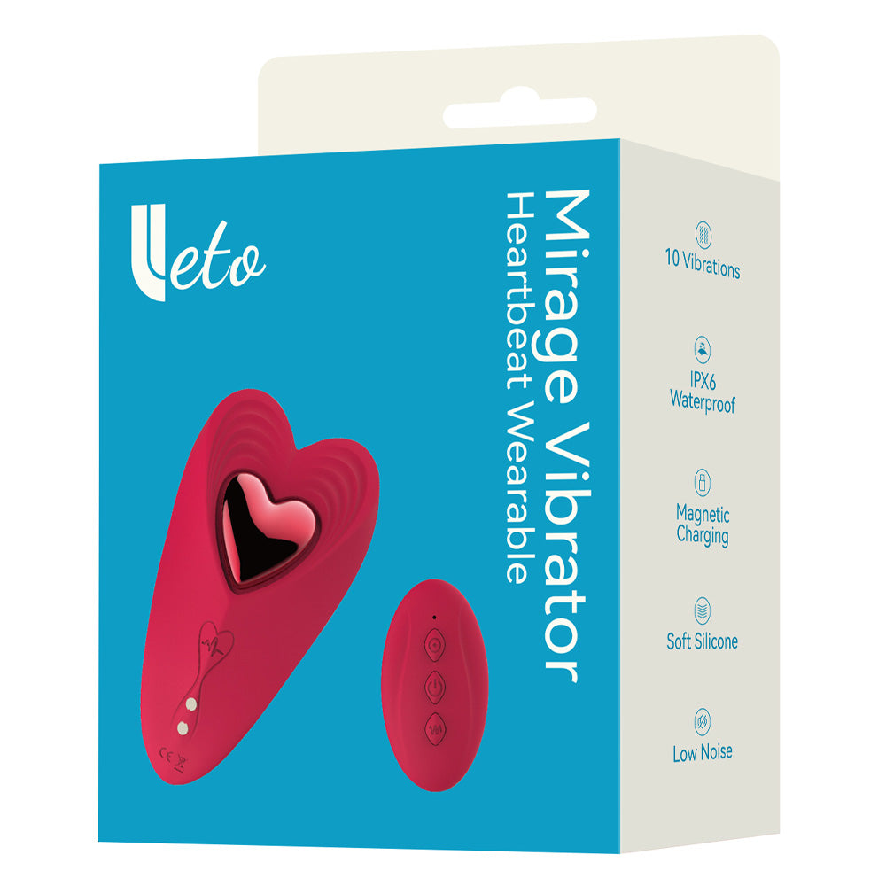 A box by Leto sits against a white backdrop with a heart shape red panty vibrator on it.